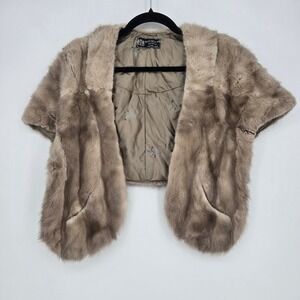 Vintage genuine mink fur shawl with front pockets - light brown, US made